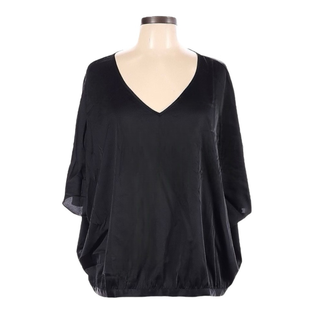 Chico’s Black Satin V-Neck Dolman Sleeve Oversized Blouse Top 2 (L 12/14) NWT